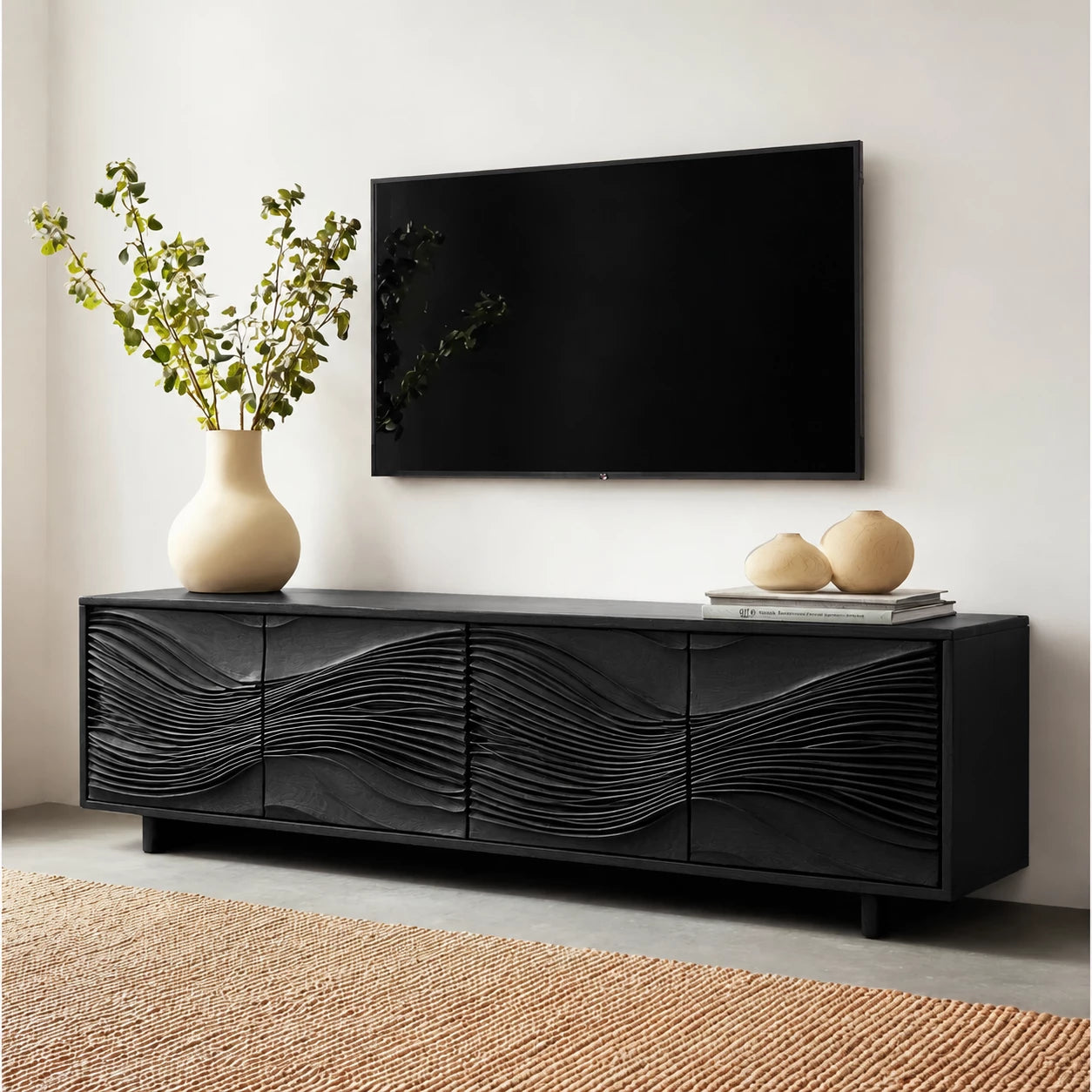 Carved Wave Natural Solid Wood TV Stand with Four Door Storage