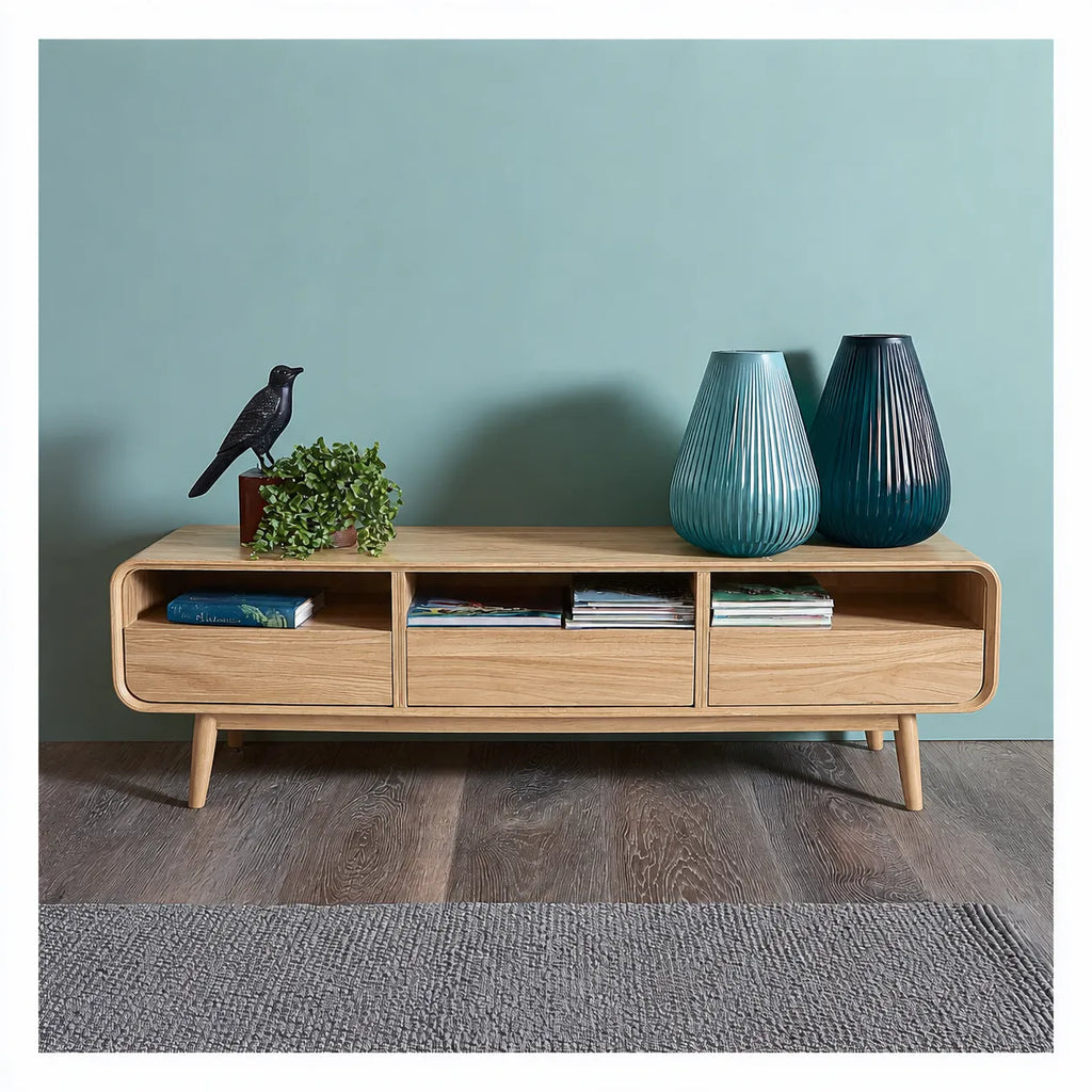 Mid Century Natural Solid Wood TV Stand with Rounded Frame Design