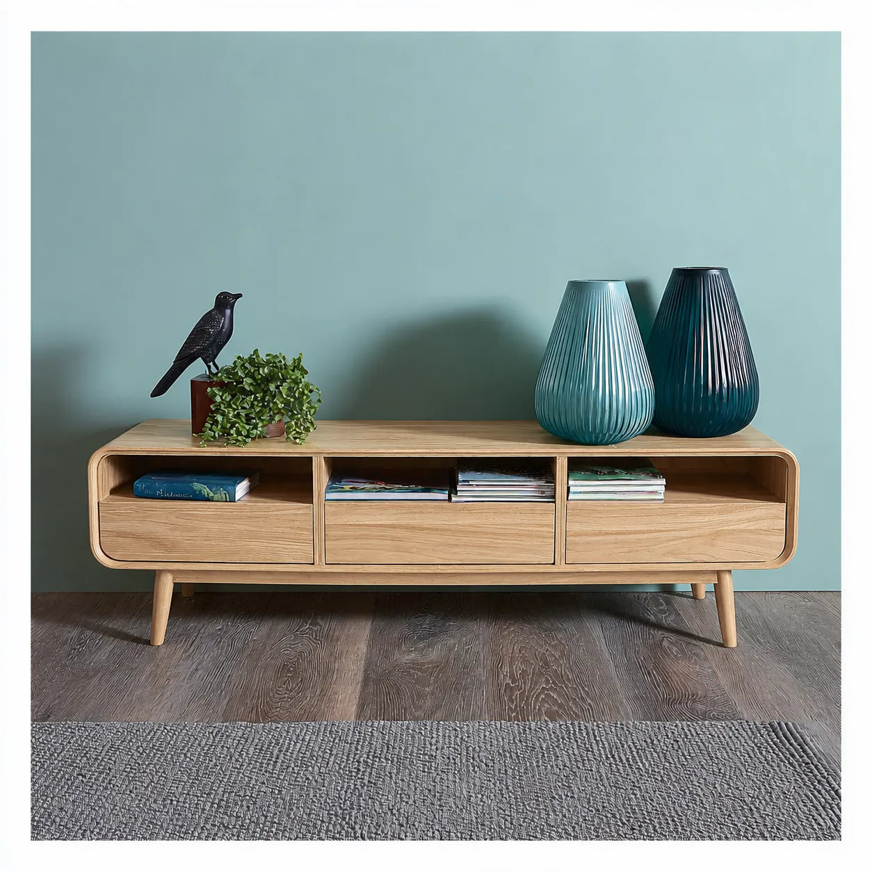 Mid Century Natural Solid Wood TV Stand with Rounded Frame Design