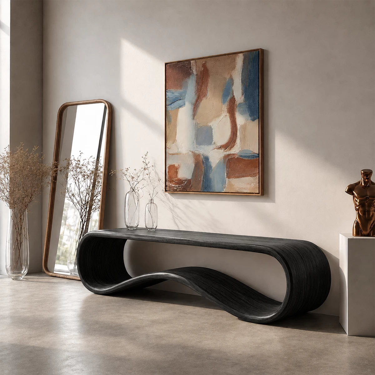 Sculptural Wave Wood Console Table – Organic Natural Wood Entryway Table for Modern Interior