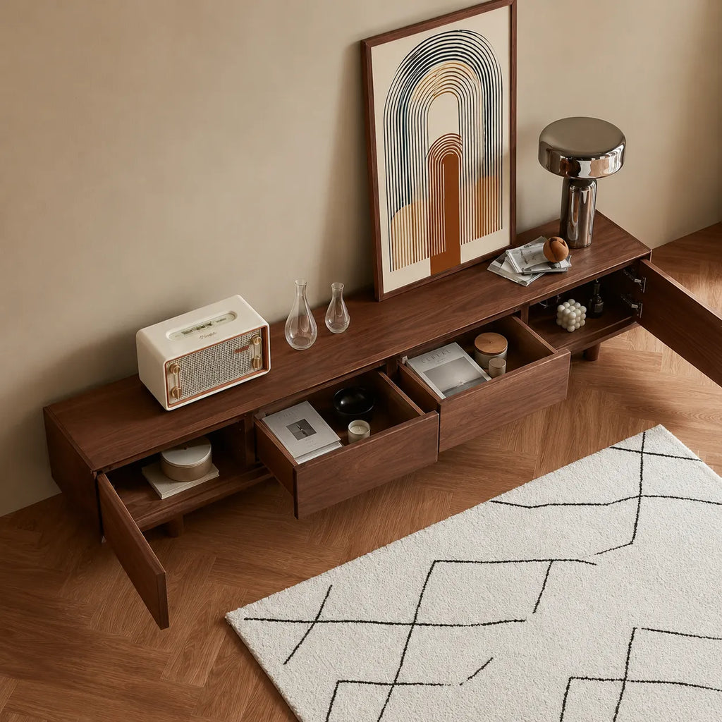 Modern Natural Solid Wood TV Stand with Four Drawer Storage Design