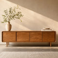 Low Profile Natural Solid Wood TV Stand with Rounded Four Door Storage