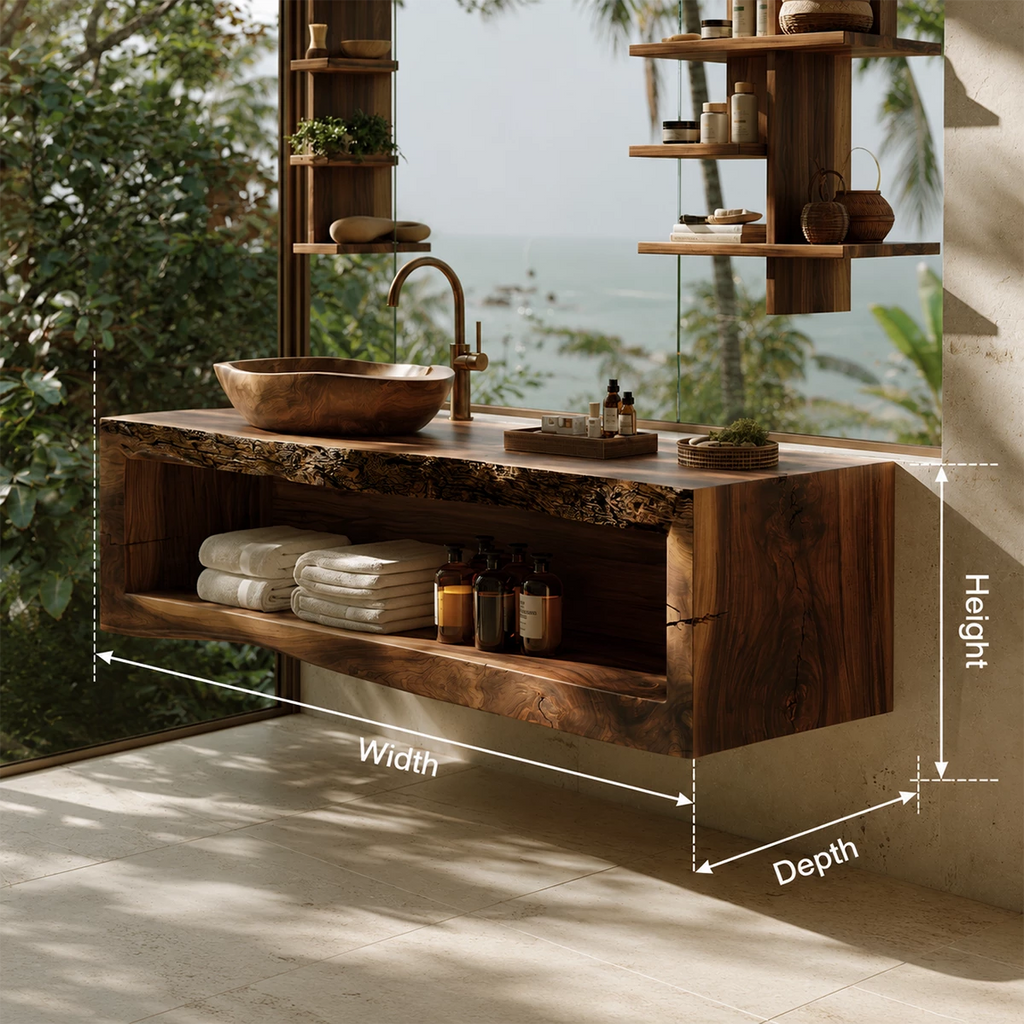 Natural Solid Wood Floating Bathroom Vanity with Full Width Open Shelf