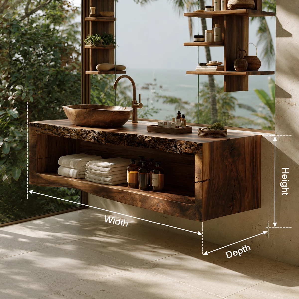 Natural Solid Wood Floating Bathroom Vanity with Full Width Open Shelf