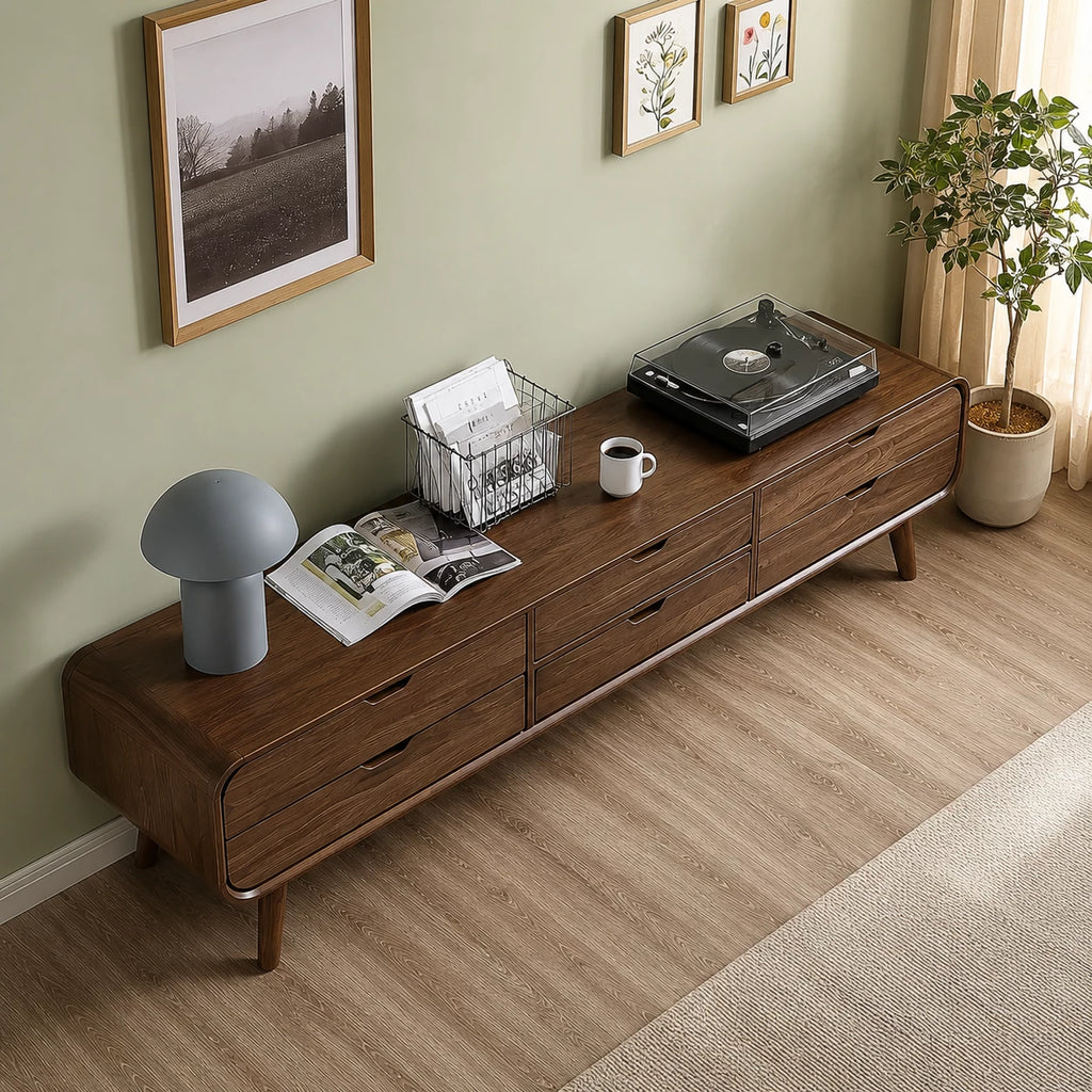 Mid Century Natural Solid Wood TV Stand with Six Drawer Storage