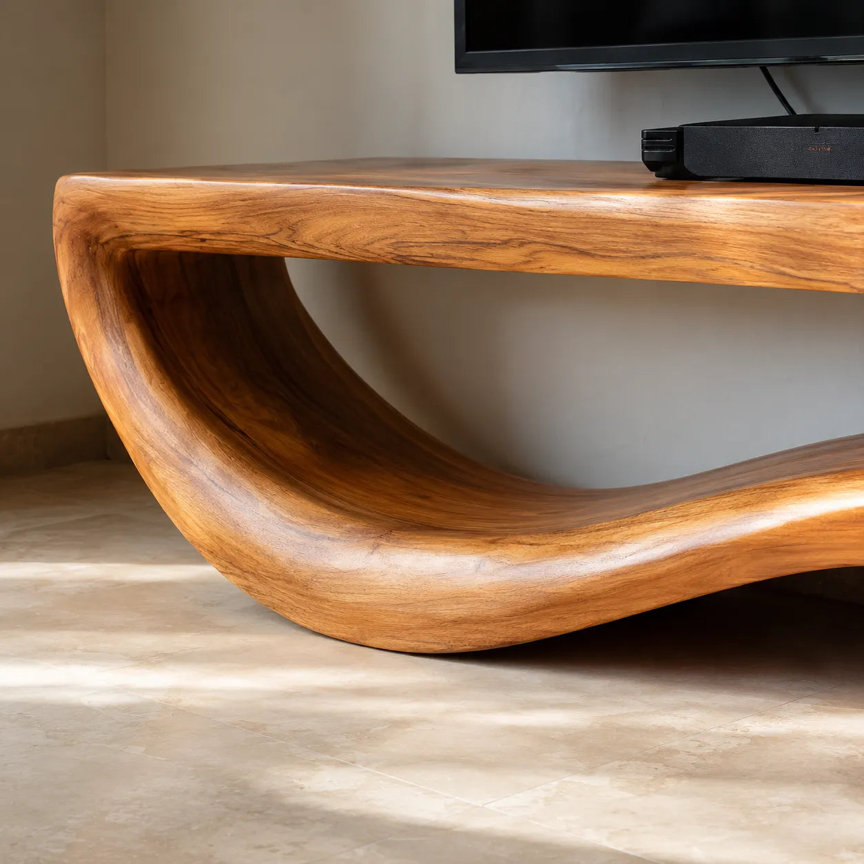 Organic Wave Natural Solid Wood TV Stand with Sculptural Open Design