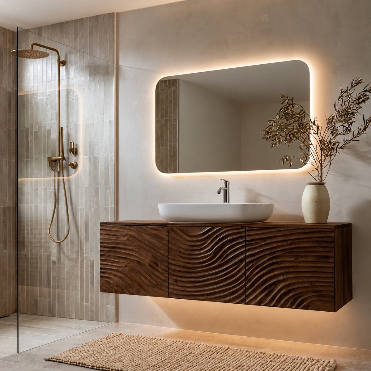 Natural Solid Wood Bathroom Cabinet – Sculpted Wave Modern Style