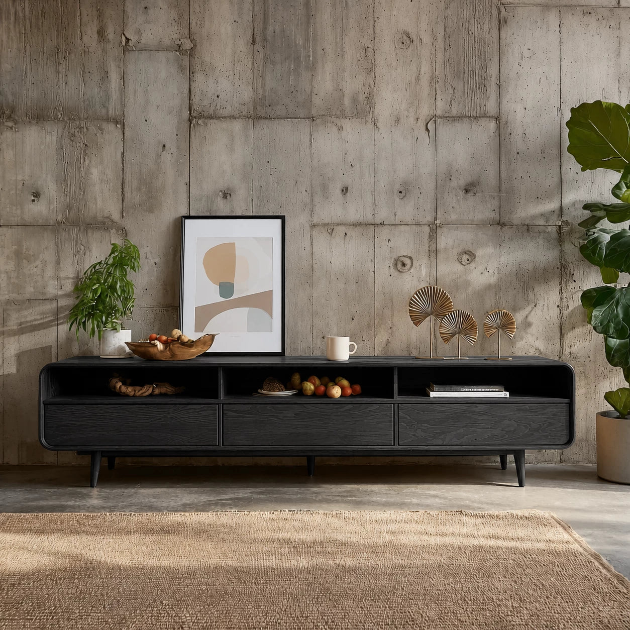 Scandinavian Natural Solid Wood TV Stand with Open Shelf Storage