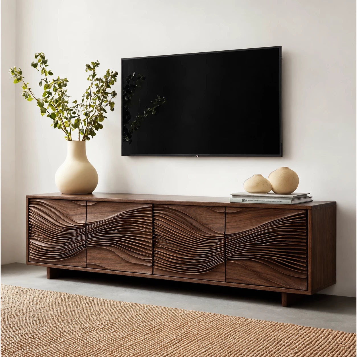 Carved Wave Natural Solid Wood TV Stand with Four Door Storage