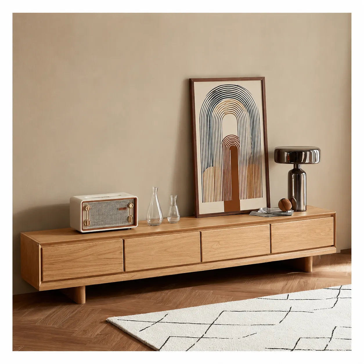 Modern Natural Solid Wood TV Stand with Four Drawer Storage Design