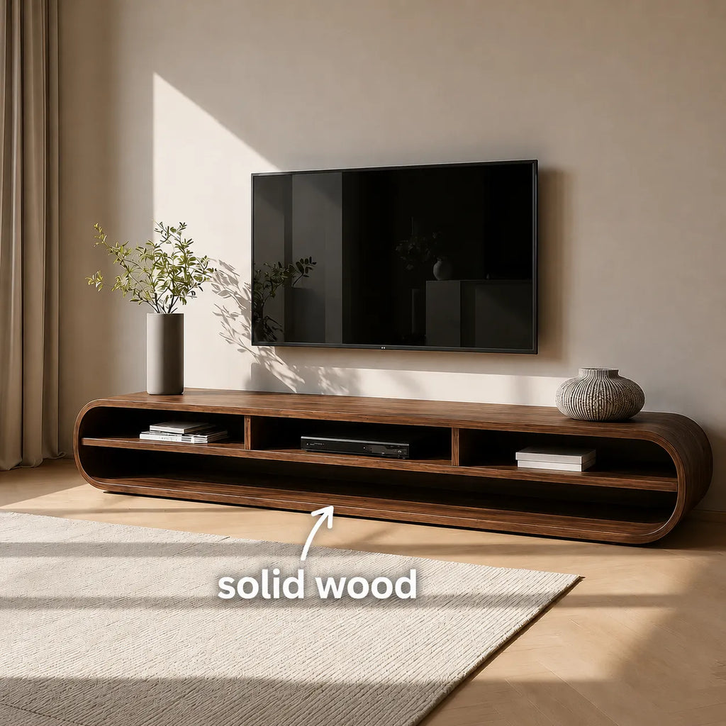 Capsule Natural Solid Wood TV Stand with Long Open Media Shelves