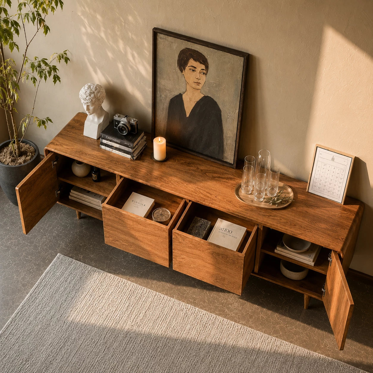 Low Profile Natural Solid Wood TV Stand with Rounded Four Door Storage