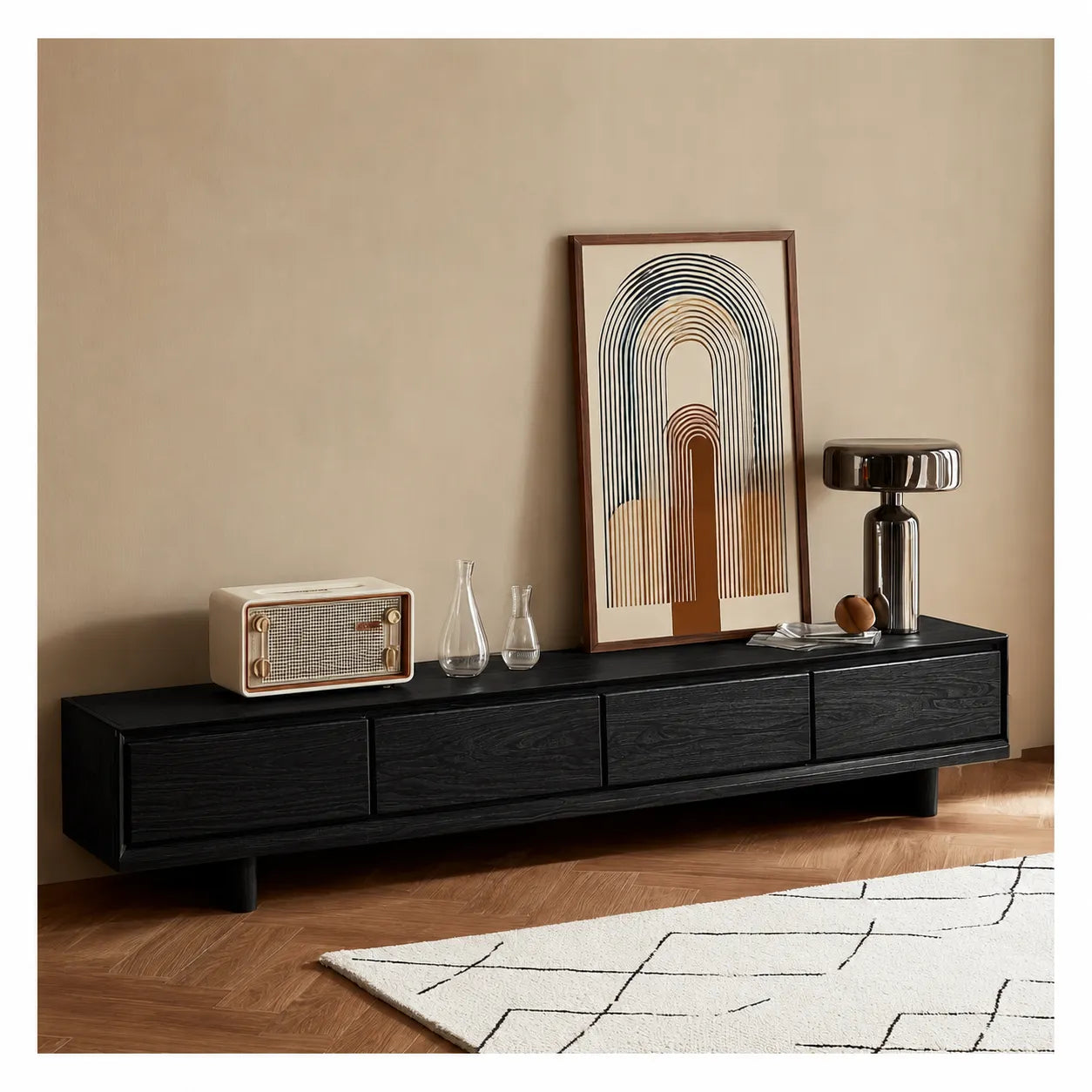 Modern Natural Solid Wood TV Stand with Four Drawer Storage Design