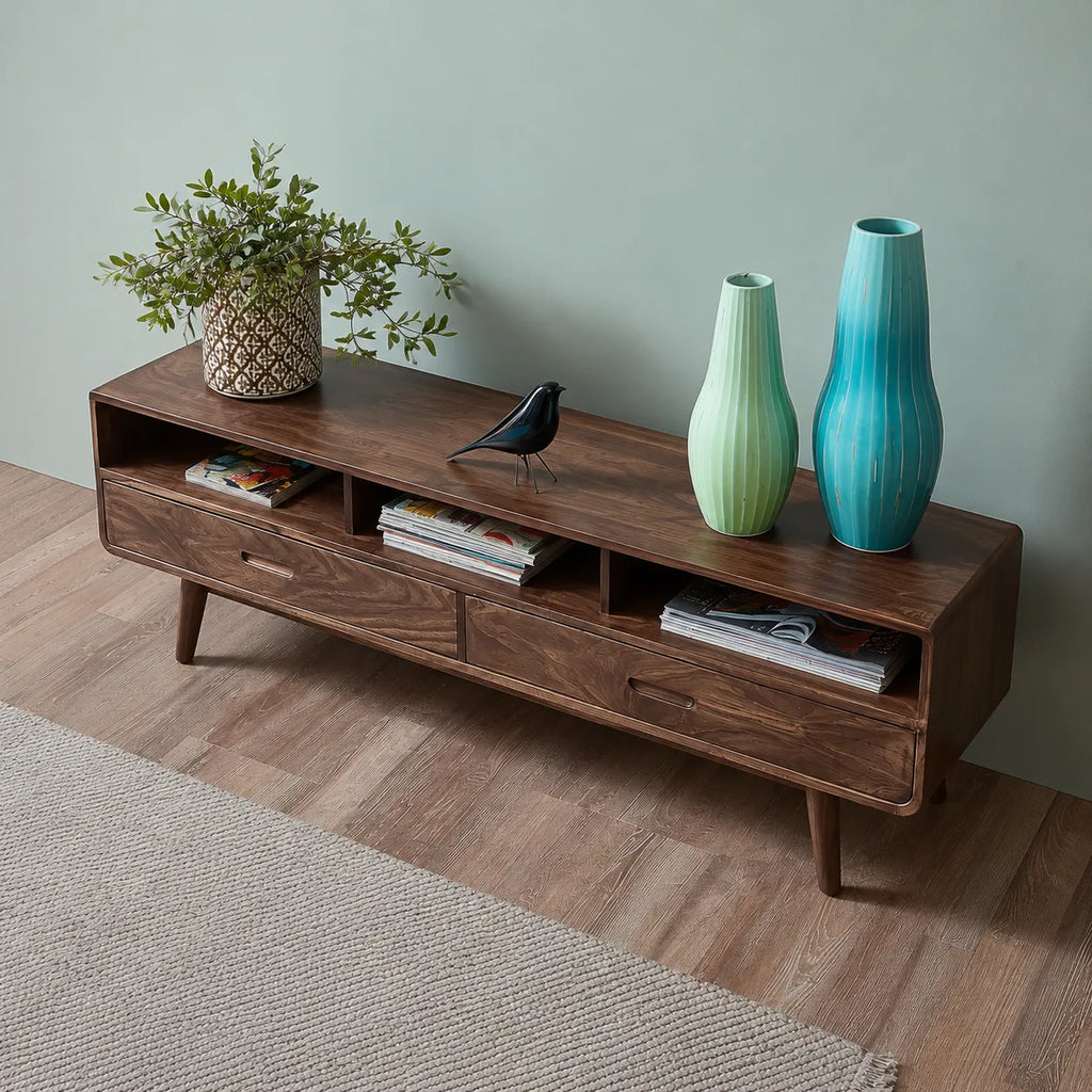 Mid Century Natural Solid Wood TV Stand with Open Shelf Storage