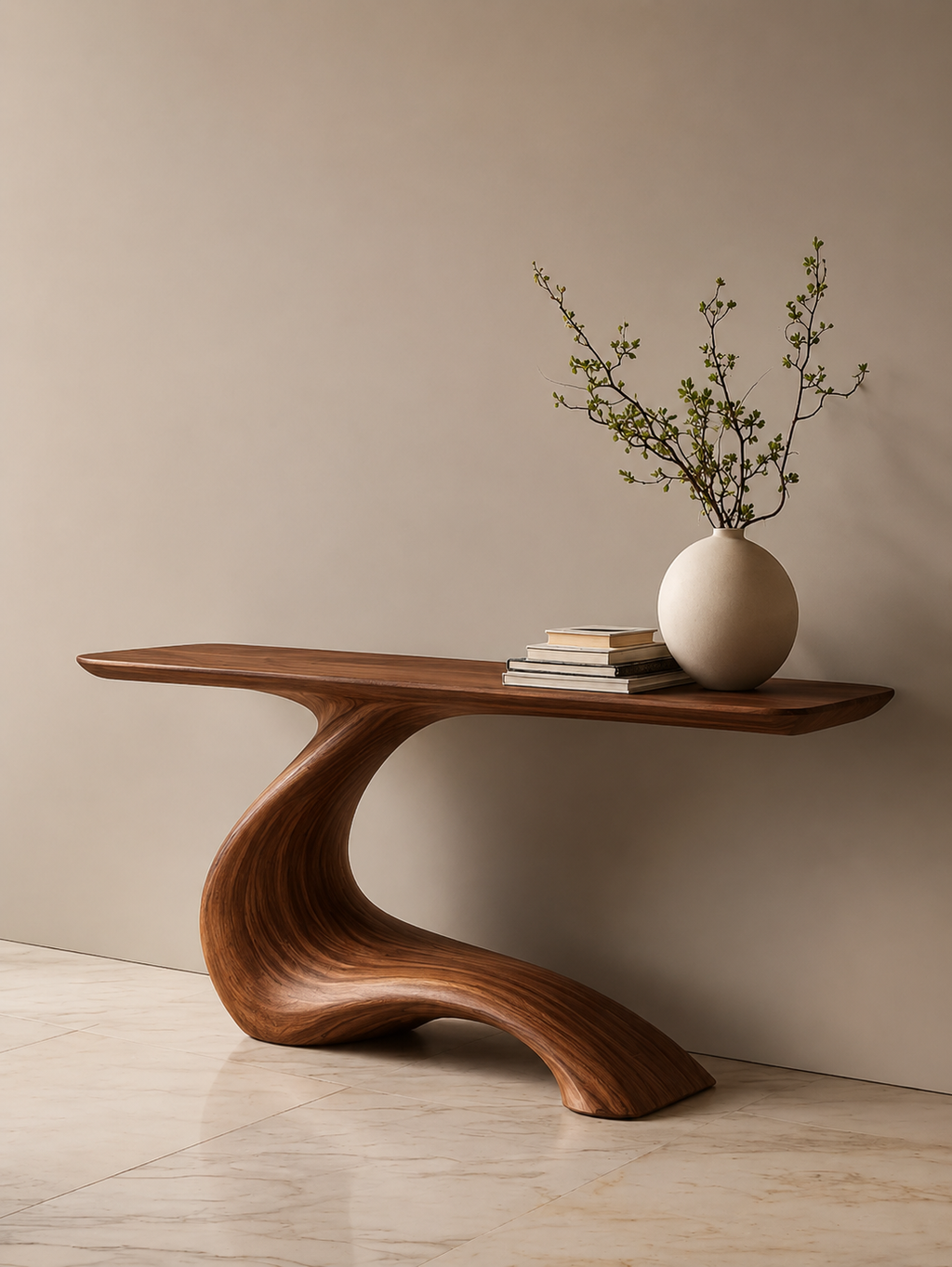 Sculptural Round Base Wood Console Table – Organic Natural Wood Console for Modern Interior