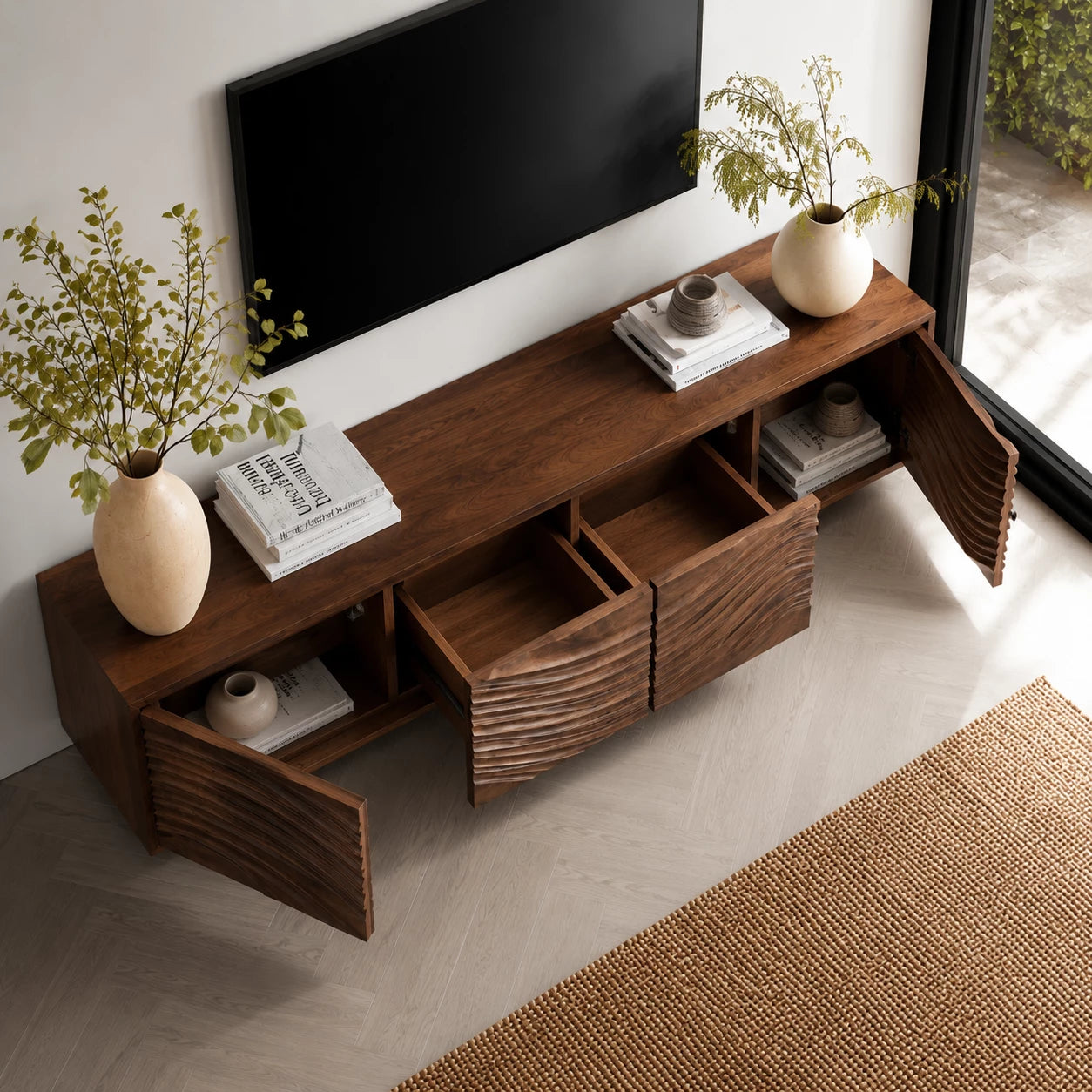 Artisan Wave Natural Solid Wood TV Stand with Sculpted Storage Doors
