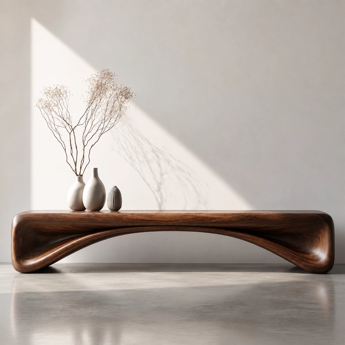Organic Curved Wood Console Bench – Natural Wood Entryway Table for Modern Interior