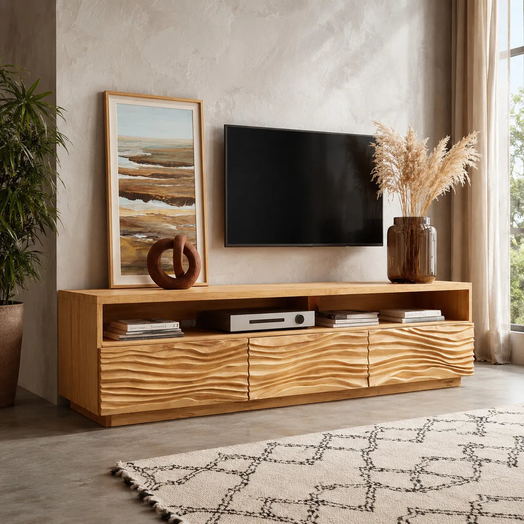 Wave Front TV Stand with Sculpted Storage and Open Display Shelf