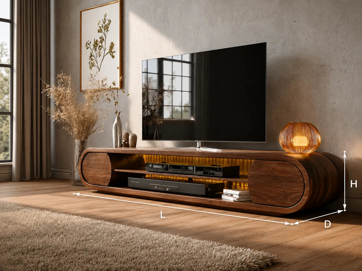 Rounded Modern TV Stand with Open Media Storage and Ambient Lighting