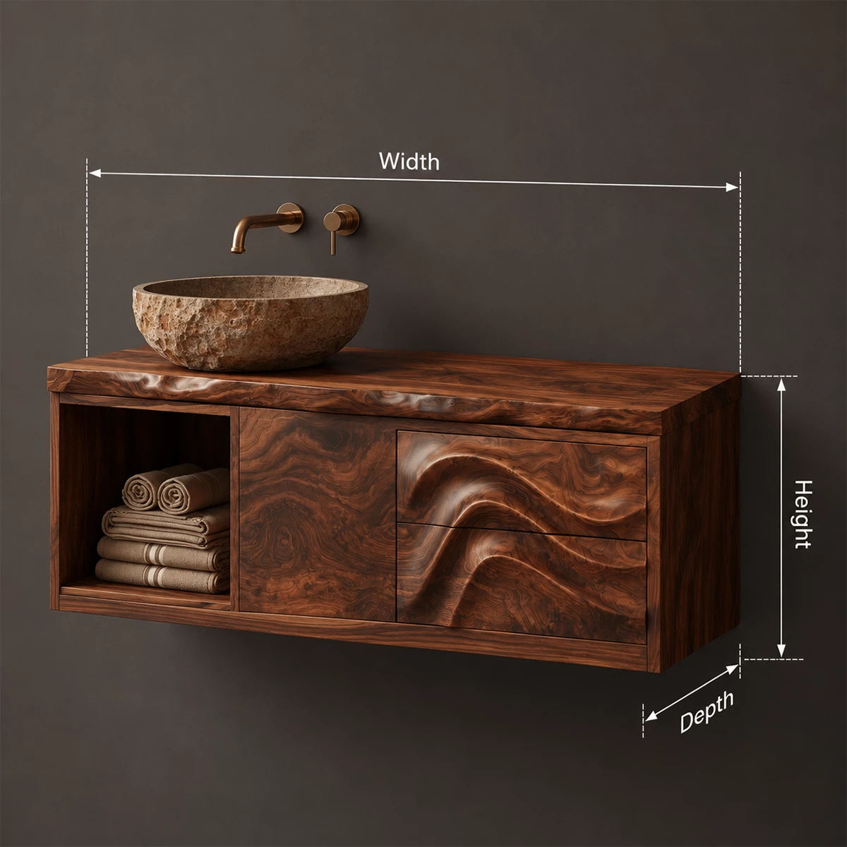 Natural Solid Wood Floating Bathroom Vanity with Wave Carved Drawers