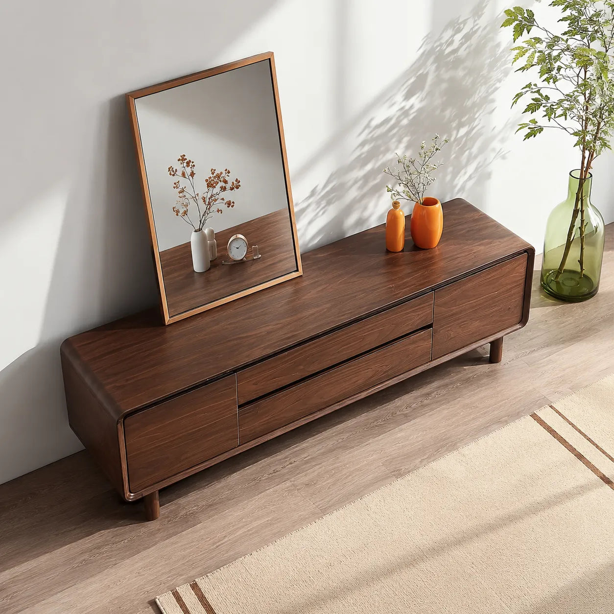 Rounded Natural Solid Wood TV Stand with Wide Drawer Storage Design
