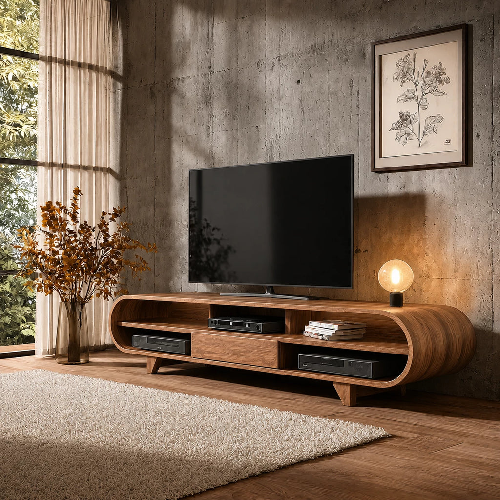 Rounded Edge Natural Solid Wood TV Stand with Open Media Storage
