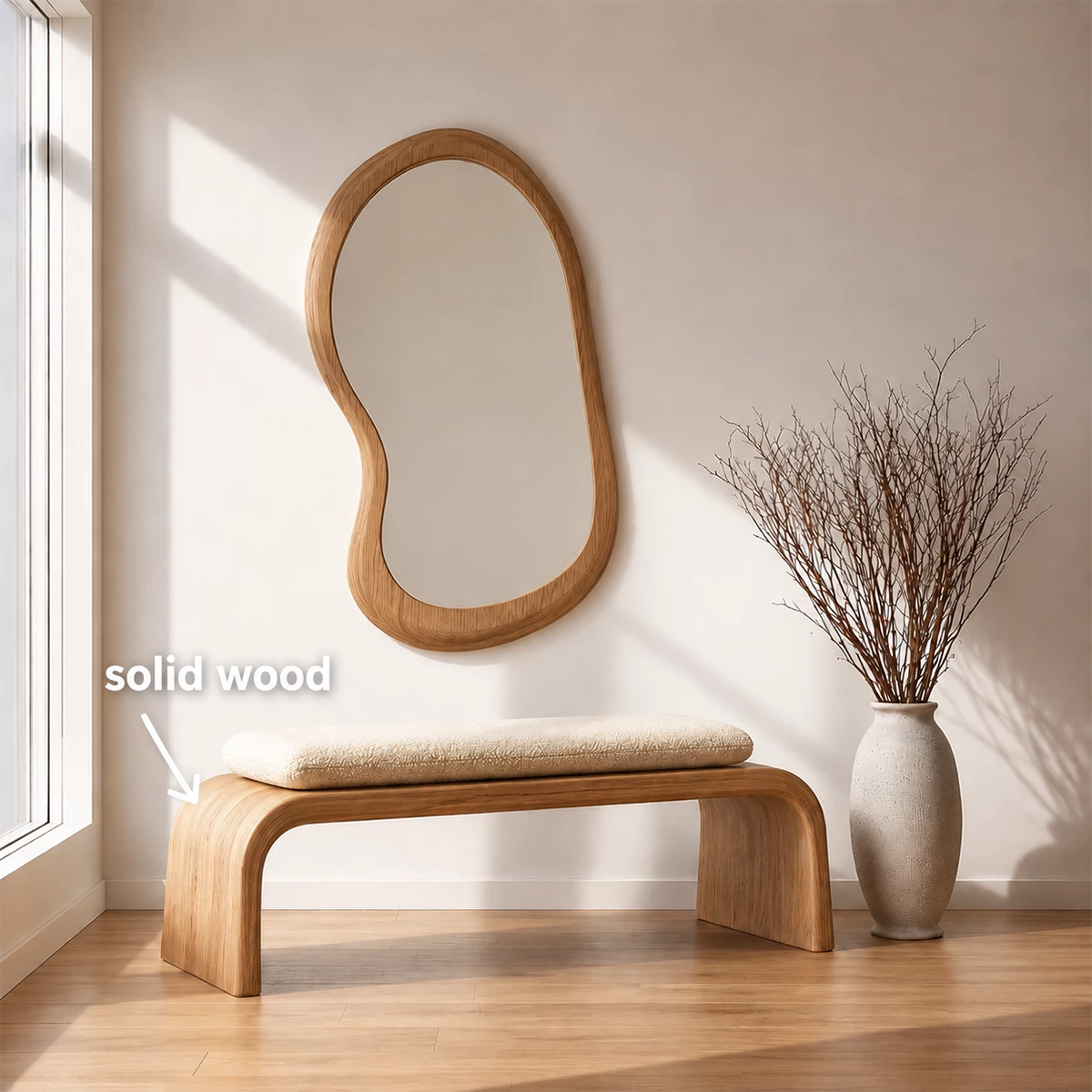 Upholstered Curved Wood Bench – Modern Entryway Bench with Natural Wood Frame