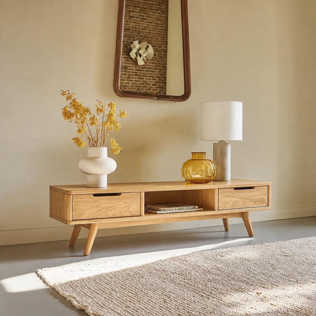 Mid Century Natural Solid Wood TV Stand with Open Shelf Storage