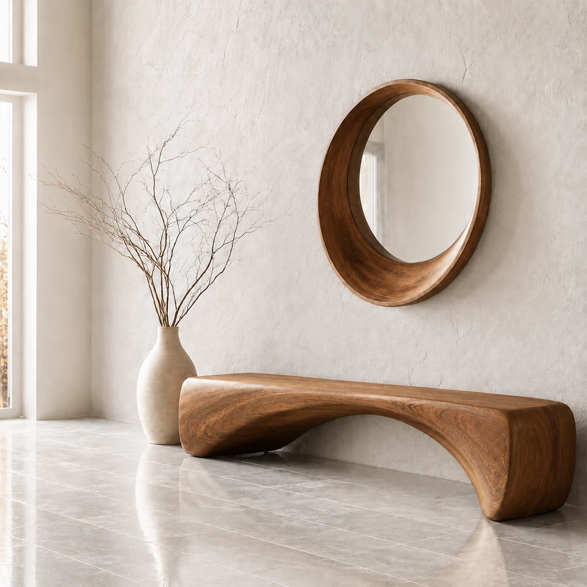 Organic Curved Wood Bench – Natural Wood Entryway Bench for Modern Interior