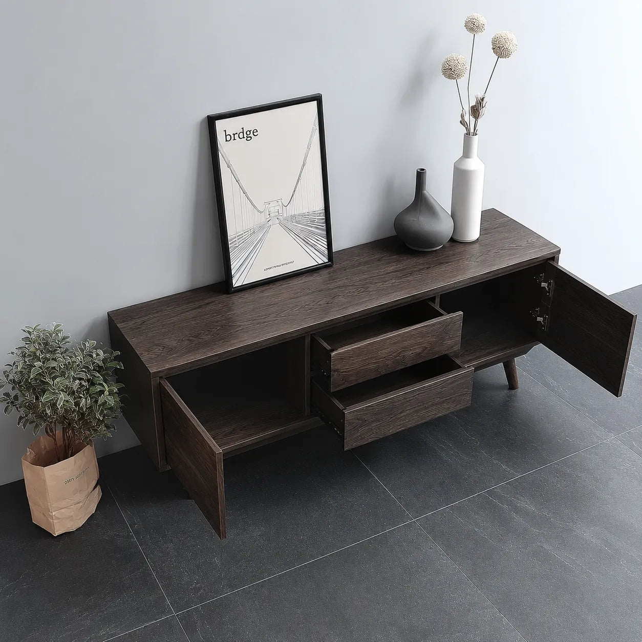 Mid Century Natural Solid Wood TV Stand with Drawer and Cabinet Storage
