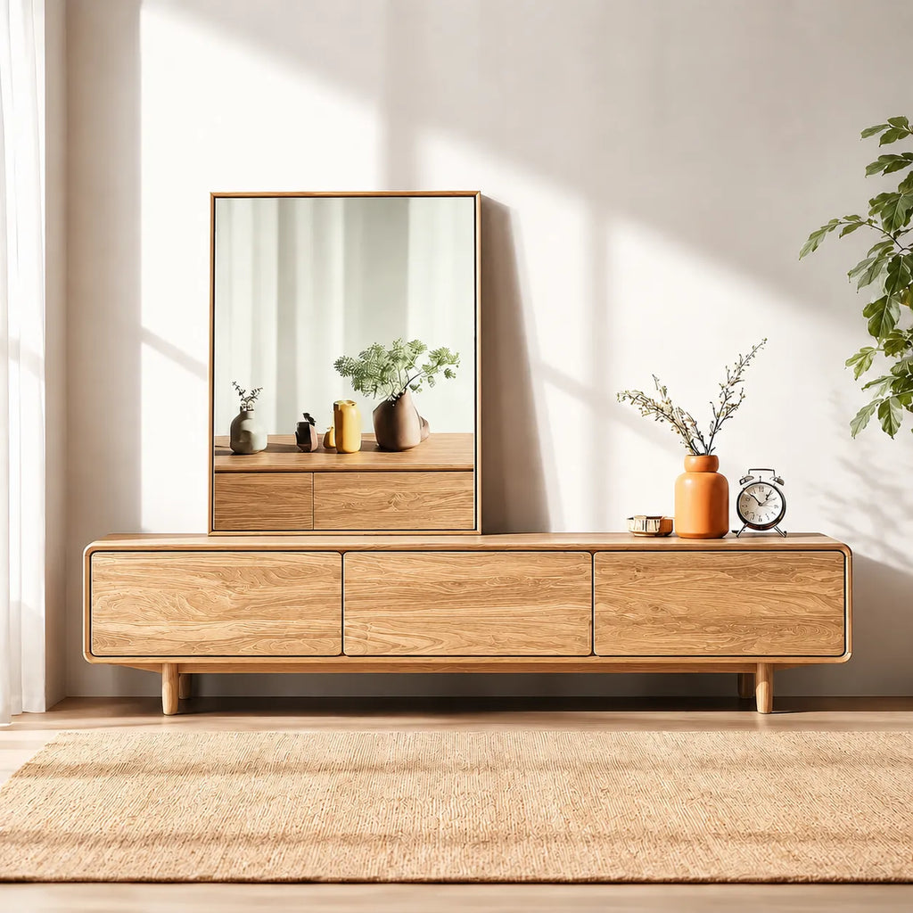 Contemporary Natural Solid Wood TV Stand with Concealed Storage