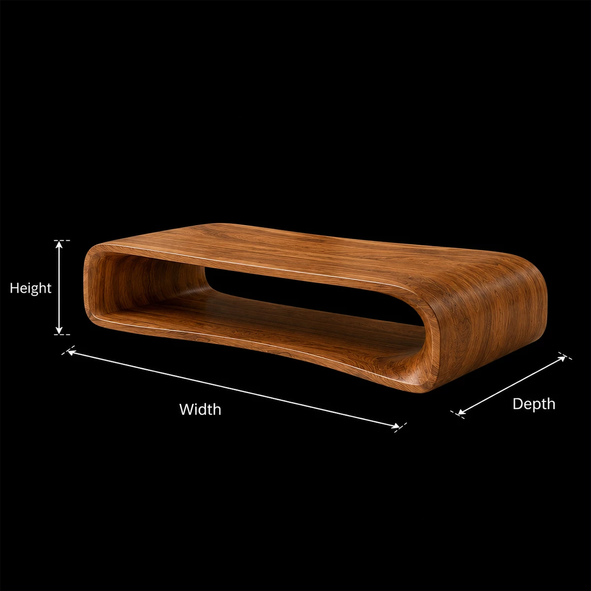Curved Solid Wood Coffee Table With Sculptural Open Base For Living Room