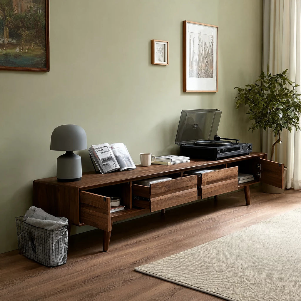 Low Profile Natural Solid Wood TV Stand with Tapered Legs and Drawers
