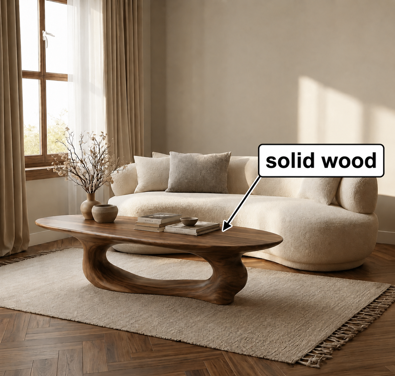 Organic Wave Wood Coffee Table – Sculptural Natural Wood Center Table for Modern Living Room