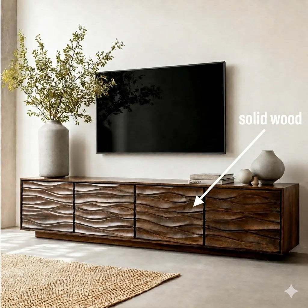Wave Front Natural Solid Wood TV Stand with Sculpted Storage Design