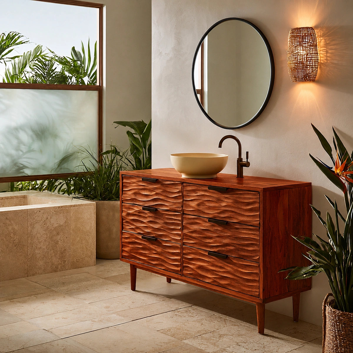 Solid Wood Bathroom Vanity Cabinet with Textured Drawer Fronts – Modern Rustic Floating Sink Console, Walnut Finish Storage Cabinet