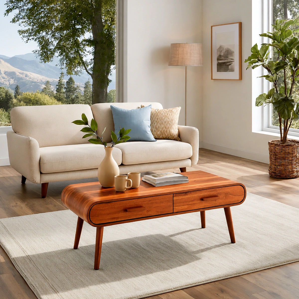 Natural Solid Wood Coffee Table with 2 Drawers – Mid-Century Modern Style