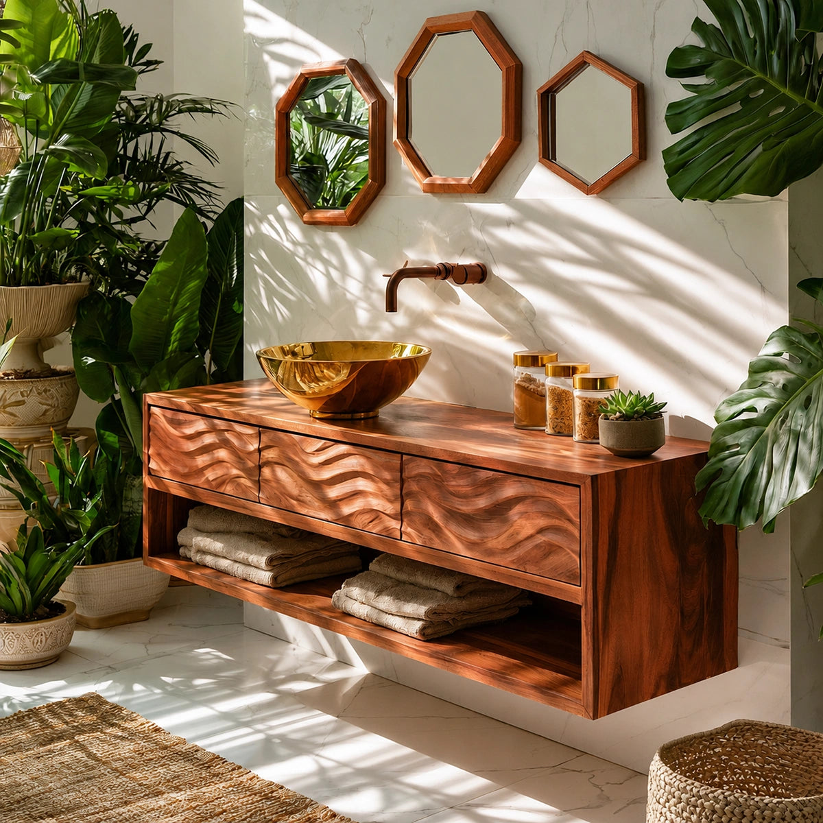 Natural Solid Wood Floating Bathroom Vanity with 3 Drawers and Open Shelf