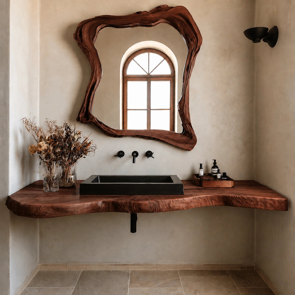Natural Solid Wood Floating Bathroom Vanity with Hand Sculpted Live Edge