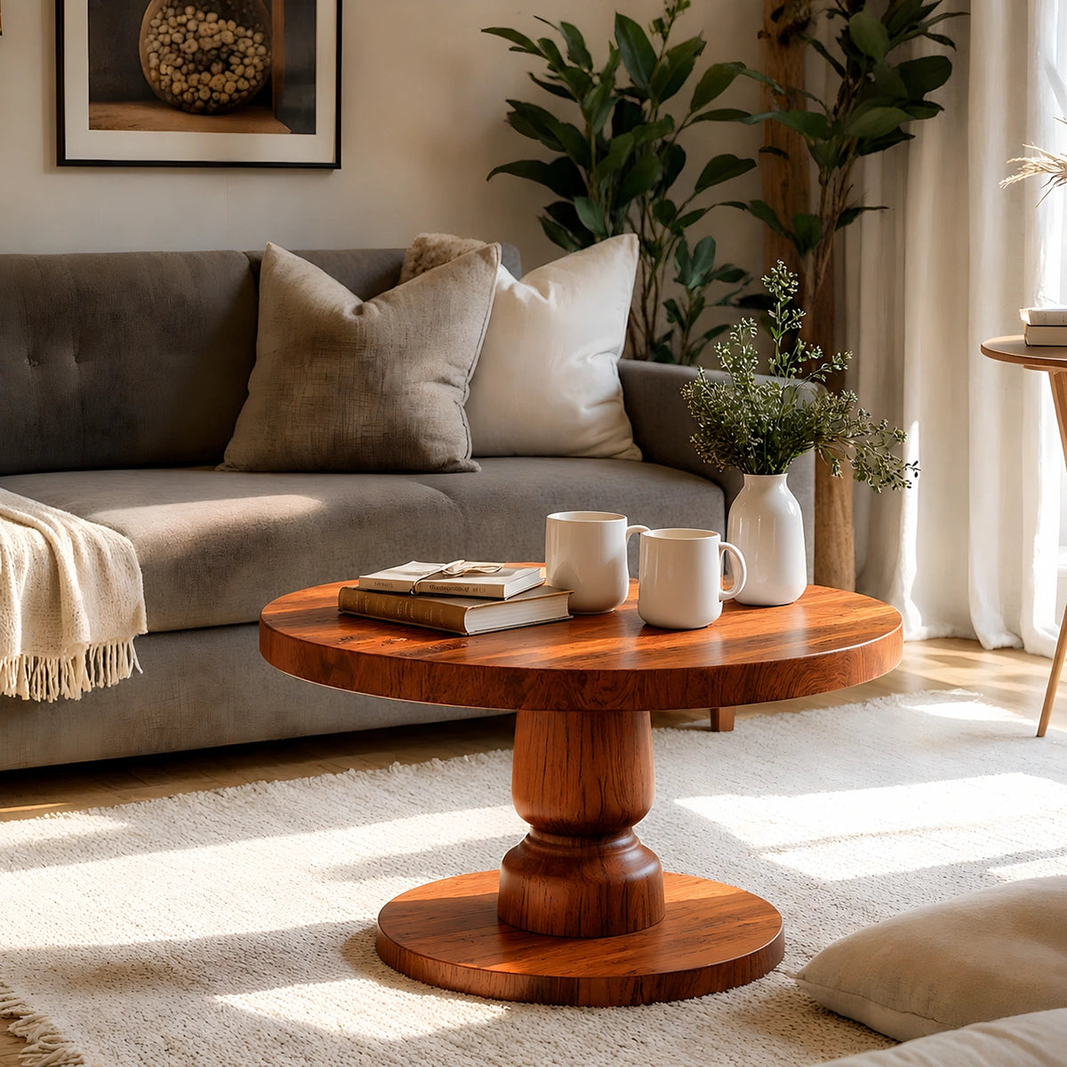 Natural Solid Wood Round Coffee Table – Sculptural Pedestal Style