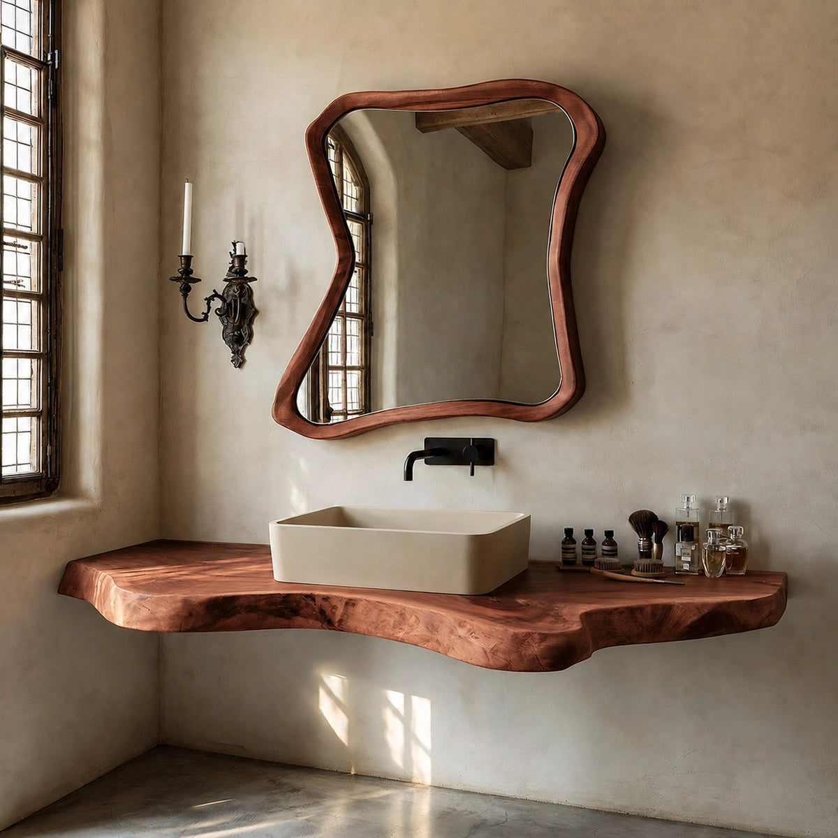 Natural Solid Wood Floating Bathroom Vanity with Sculptural Live Edge