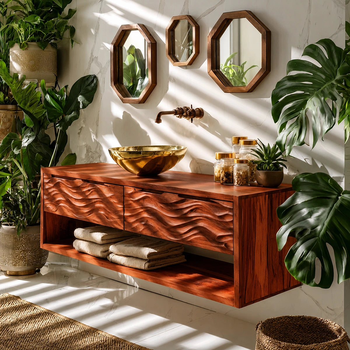 Natural Solid Wood Floating Bathroom Vanity with 2 Drawers and Open Shelf