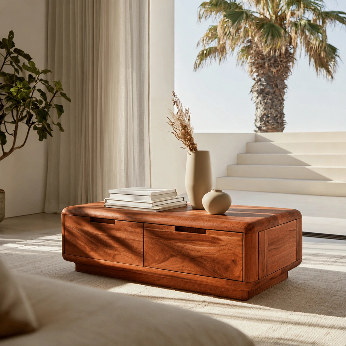 Natural Solid Wood Coffee Table – Rounded Modern Storage Style