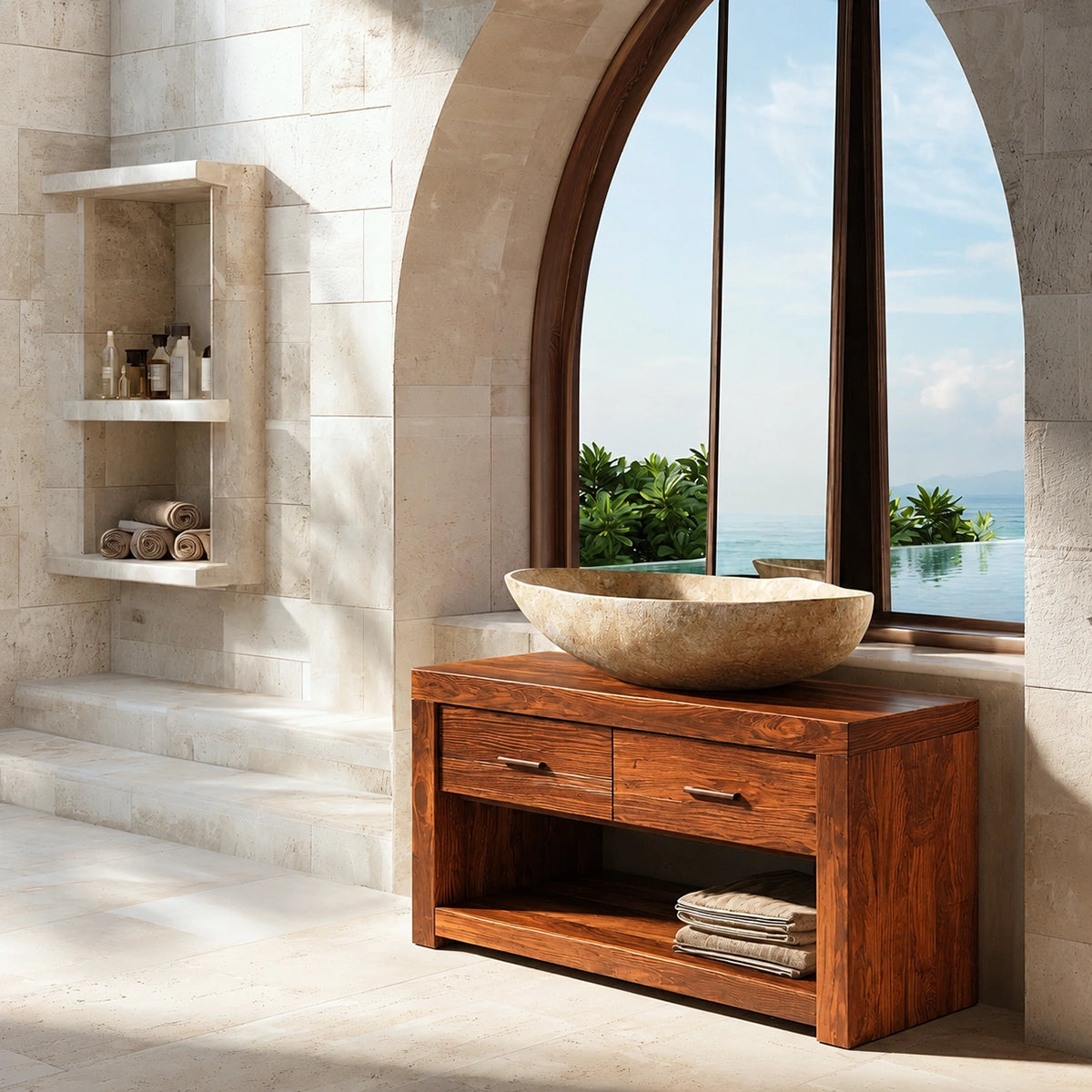 Natural Solid Wood Bathroom Vanity with 2 Drawers and Open Shelf
