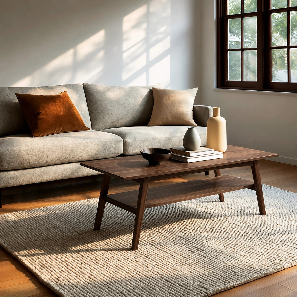 Natural Solid Wood Coffee Table with Lower Shelf and Tapered Legs
