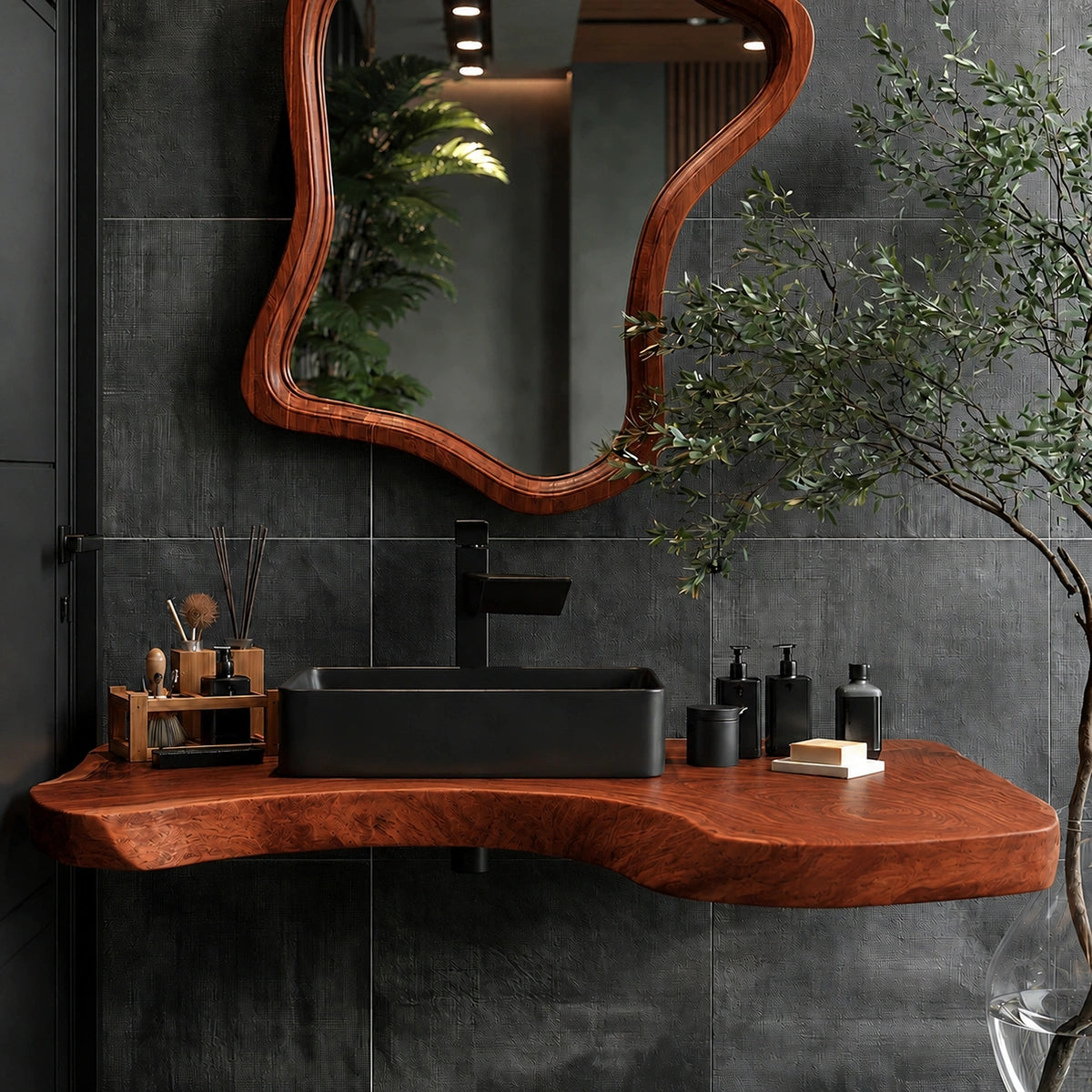 Natural Solid Wood Floating Bathroom Vanity with Sculptural Edge