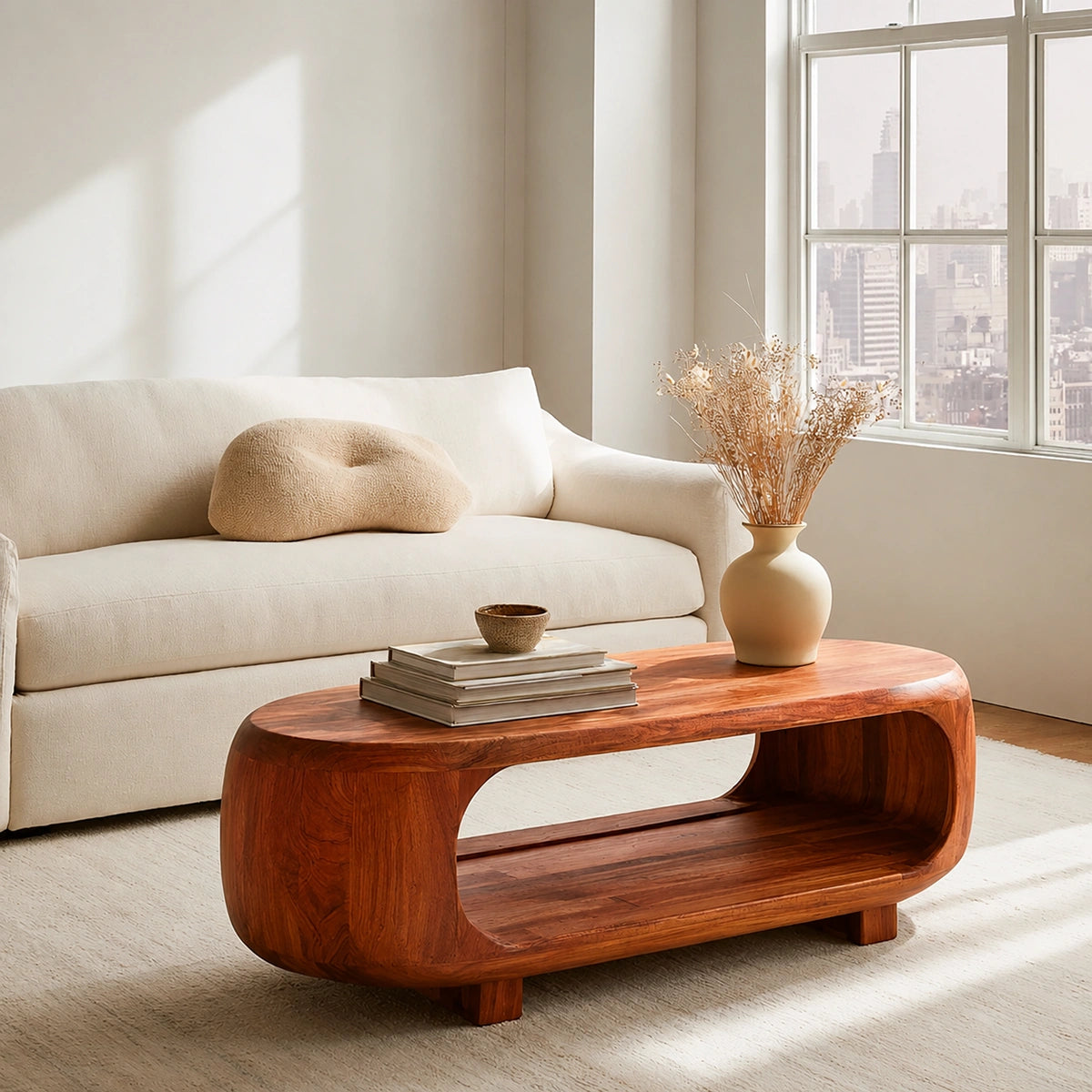 Natural Solid Wood Coffee Table – Rounded Japandi Modern Style