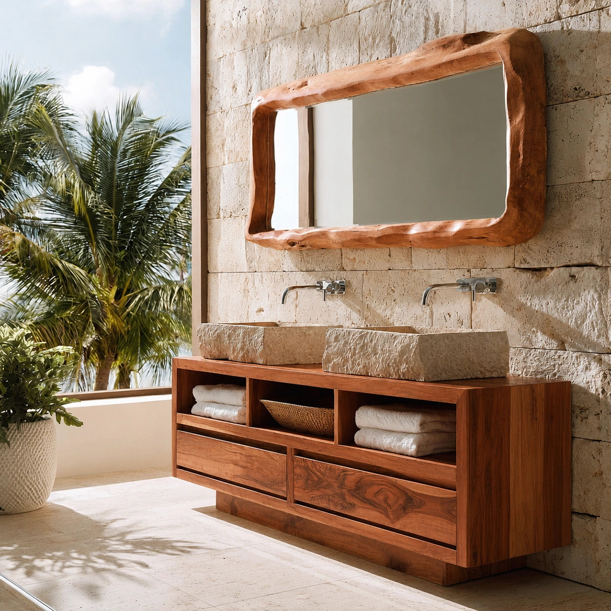 Natural Solid Wood Bathroom Vanity with 2 Drawers and 3 Open Shelves