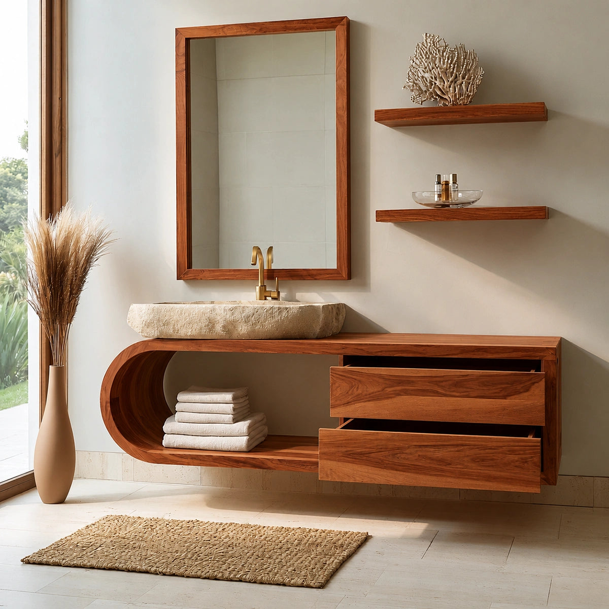 Natural Solid Wood Bathroom Cabinet with 4 Drawers – Wave Front Modern Style