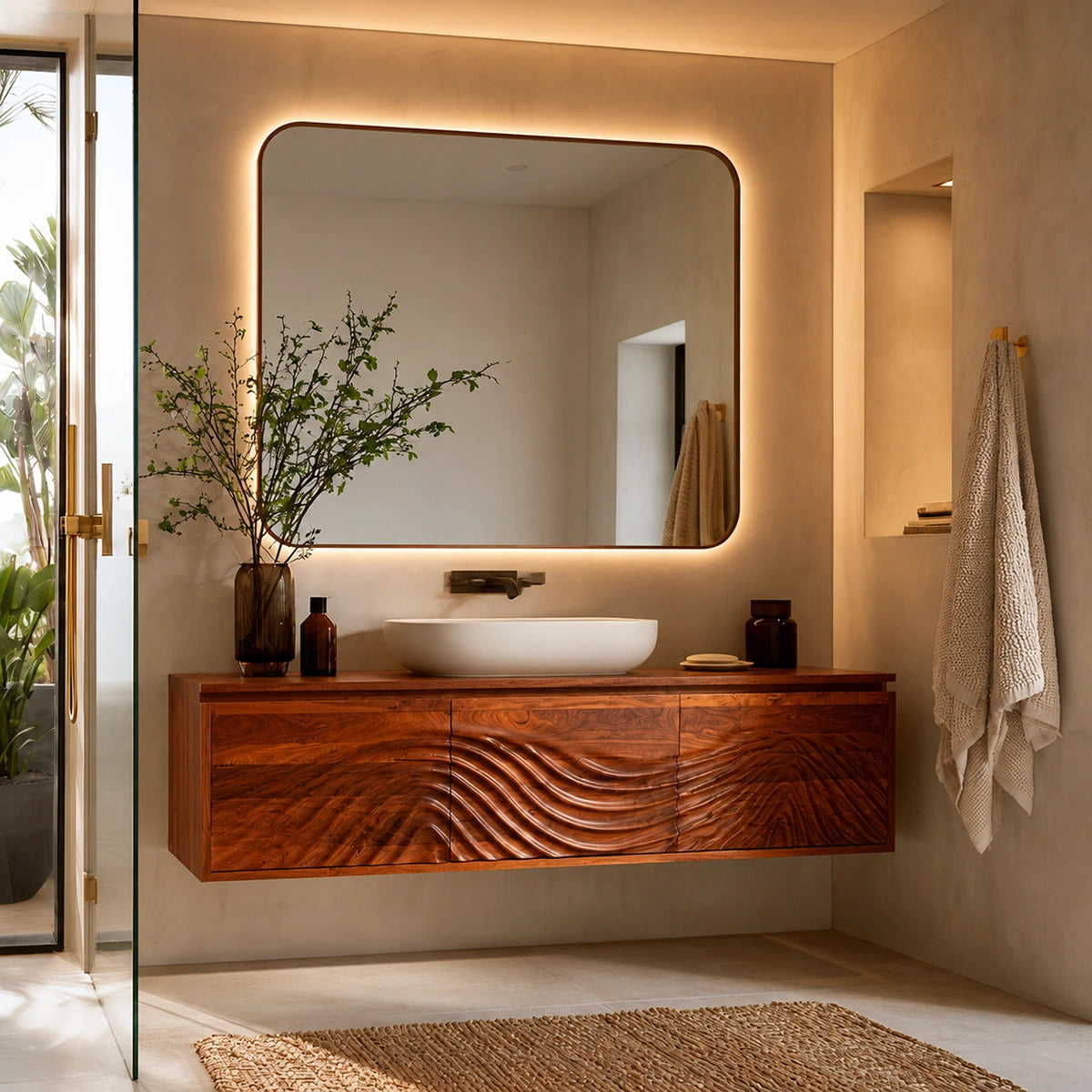 Natural Solid Wood Bathroom Cabinet – Wave Front Modern Style
